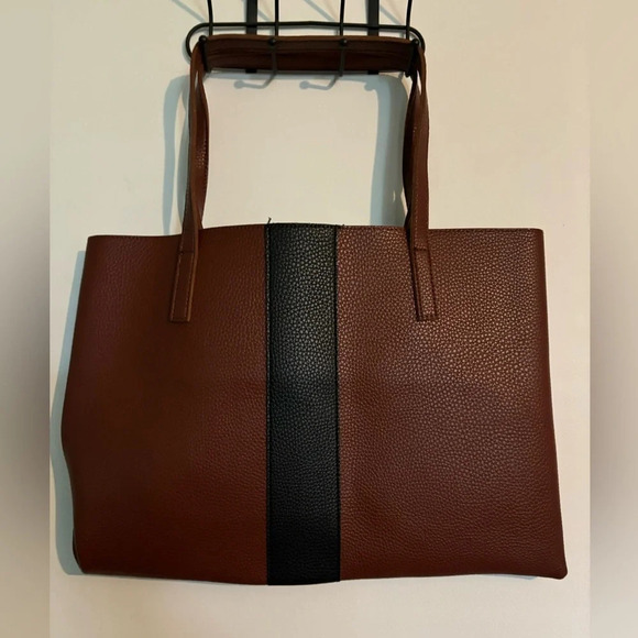 Vince Camuto Luck Tote Brown Vegan Leather with Black Accent Stripe Drop Pocket - Picture 1 of 7